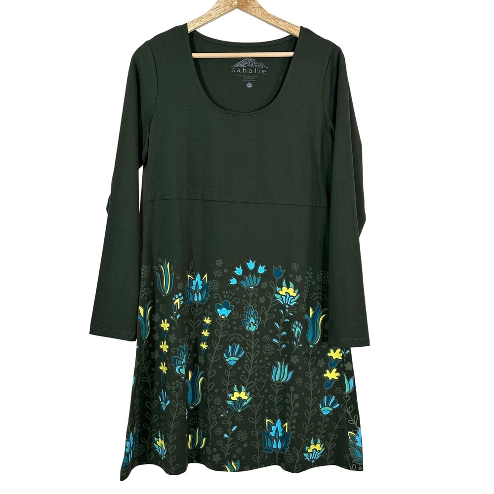Sahalie Womens‎ Medium Forest Green Floral Border Print Long Sleeve Knit Dress